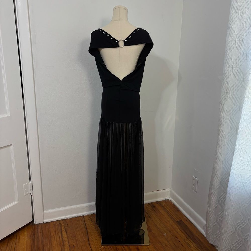 Vtg Nom De Plume Black Mesh Maxi Dress M Whimsigoth Rhinestone Cowl Neck Goth - Picture 2 of 15